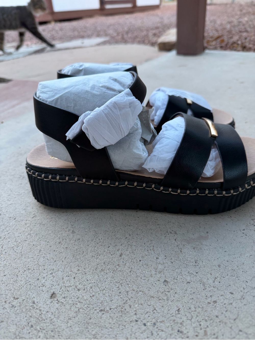 MIA Women’s Black Platform Sandals with Gold Accent